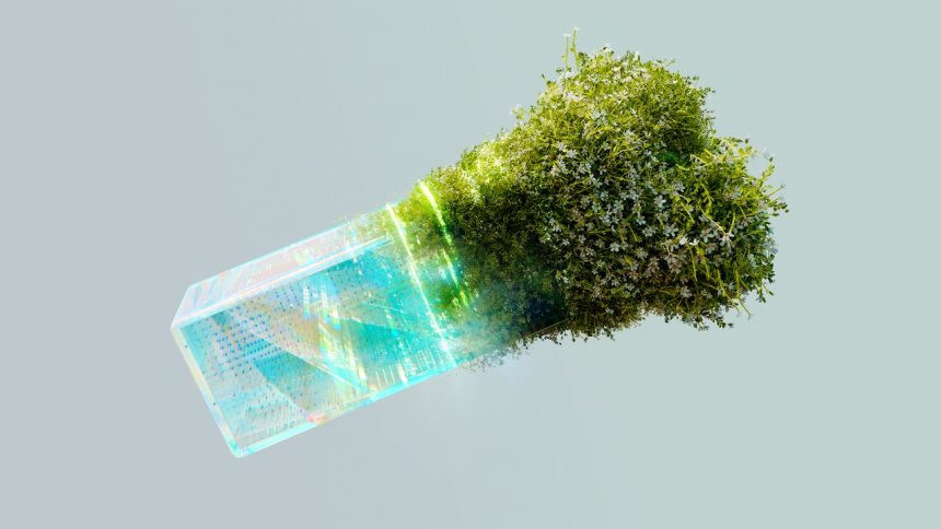 Imagem conceitual que combina elementos de tecnologia e natureza para representar o uso sustentável da inteligência artificial