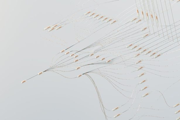 Ilustração abstrata de redes neurais digitais interligadas, com fluxos de dados em diferentes direções
